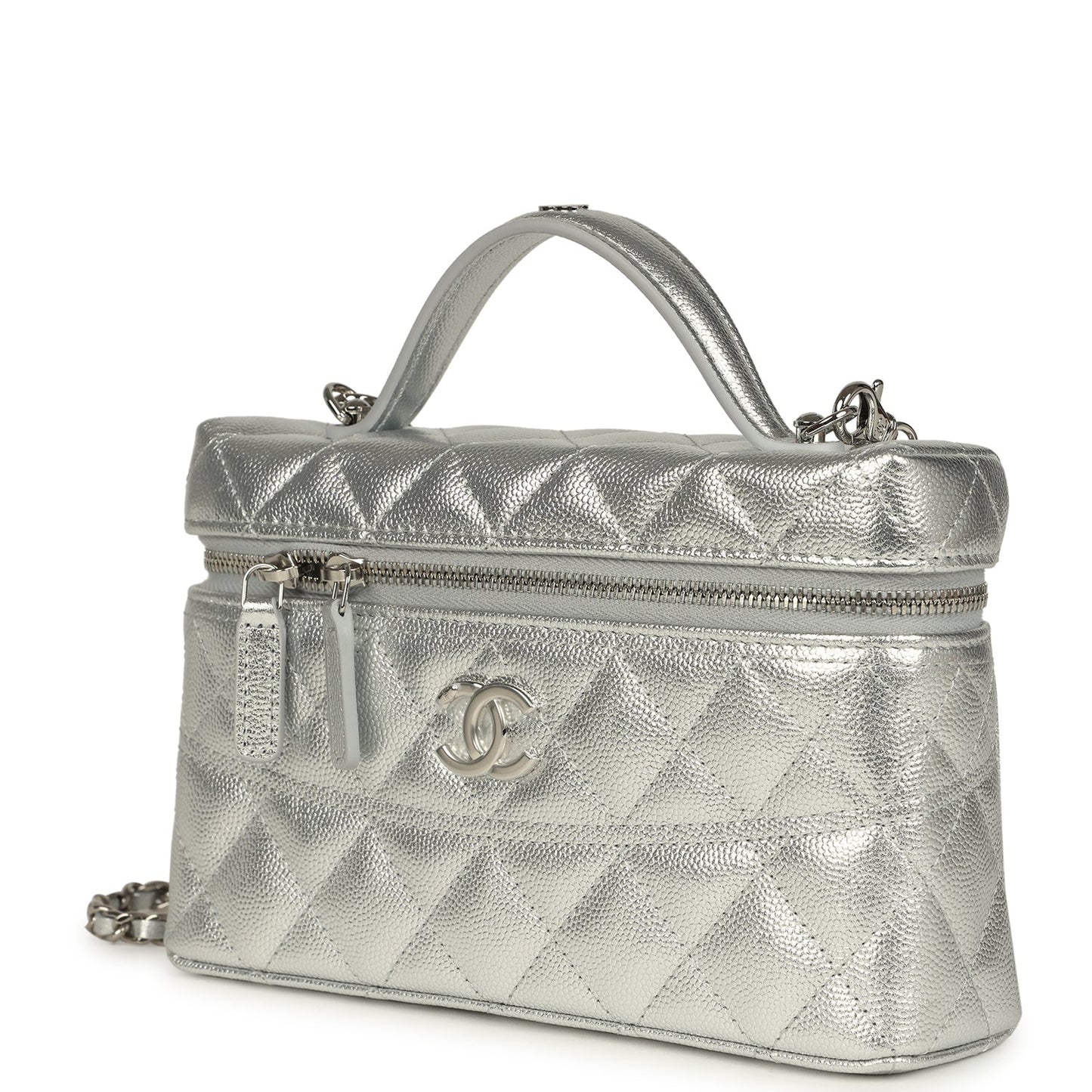 Chanel Top Handle Long Vanity Case with Chain Metallic Silver Shiny Caviar Silver Hardware