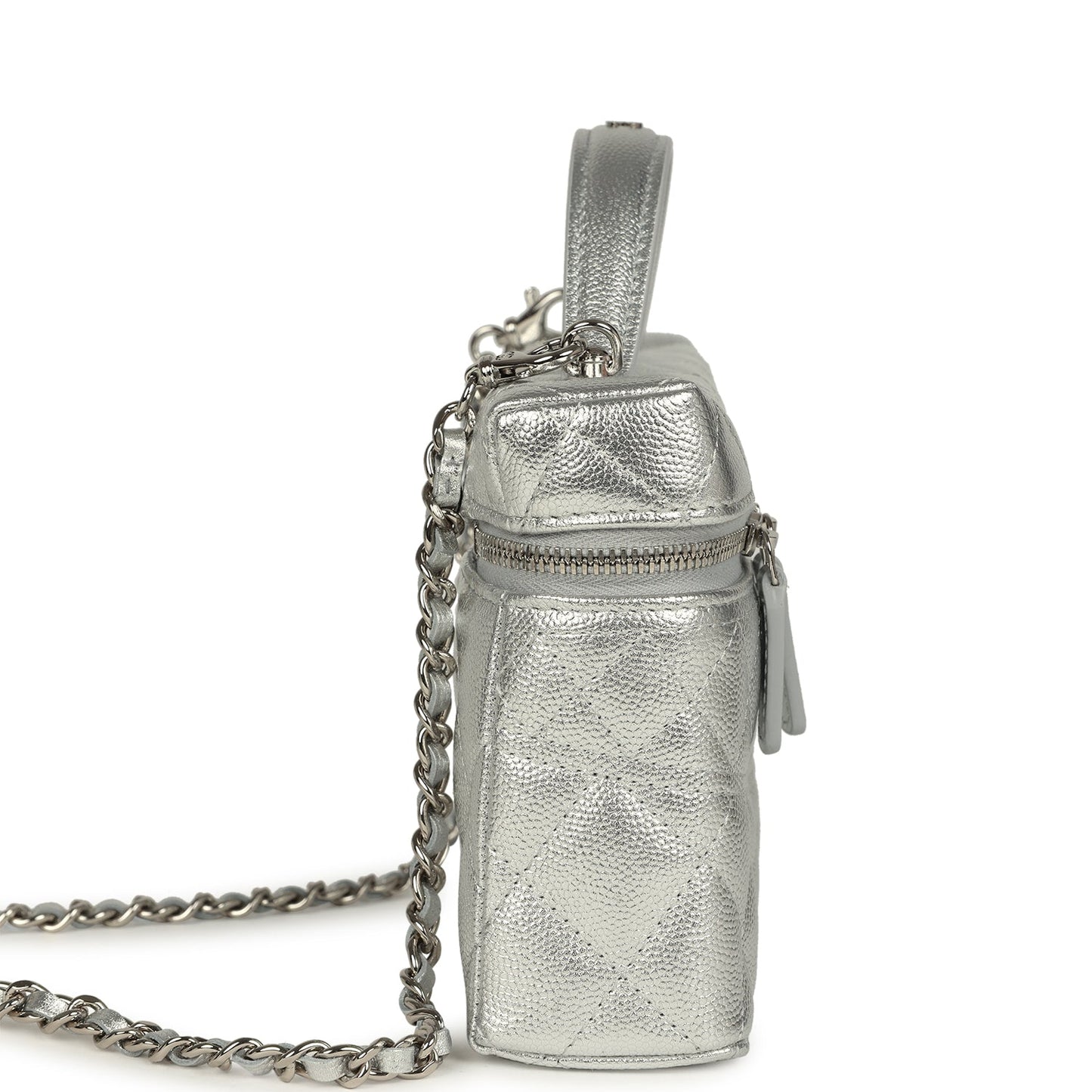 Chanel Top Handle Long Vanity Case with Chain Metallic Silver Shiny Caviar Silver Hardware