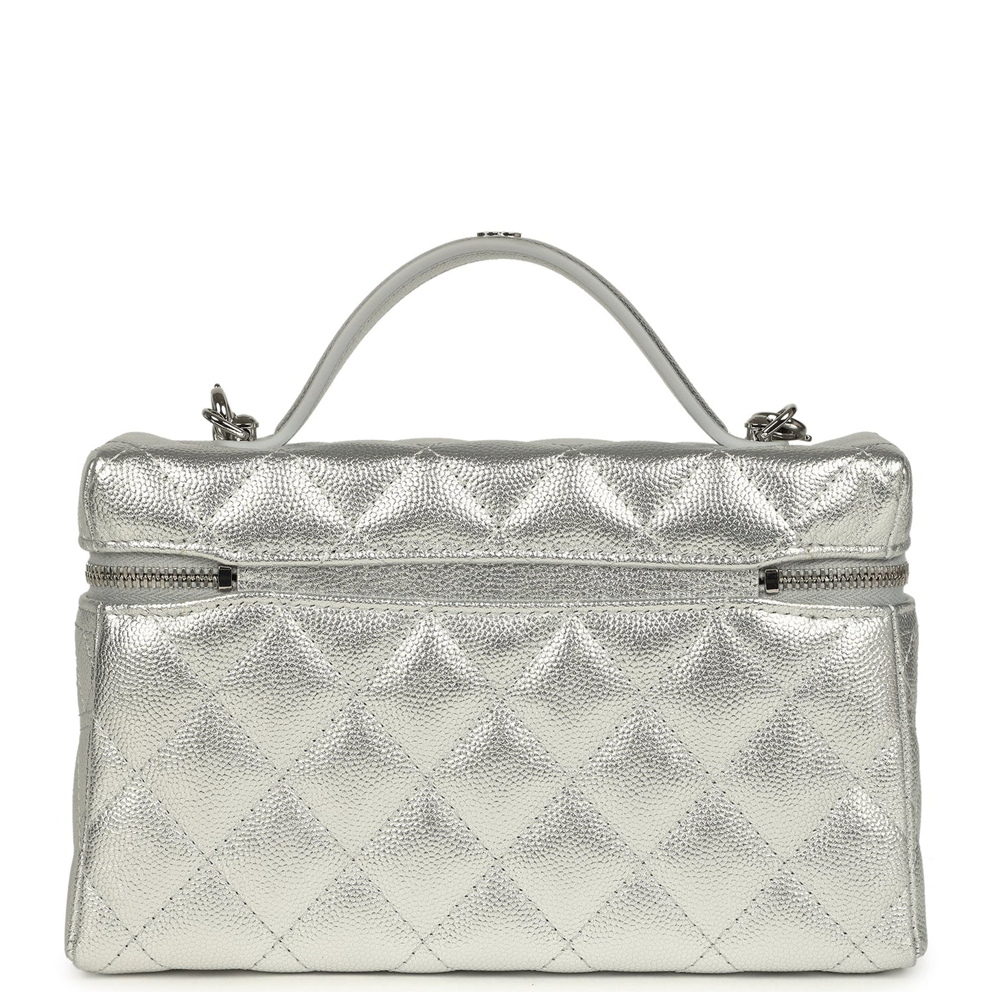 Chanel Top Handle Long Vanity Case with Chain Metallic Silver Shiny Caviar Silver Hardware
