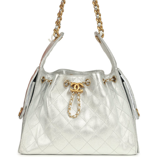 Chanel Small 25 Hobo Bag Metallic Silver Caviar Antique Gold Hardware