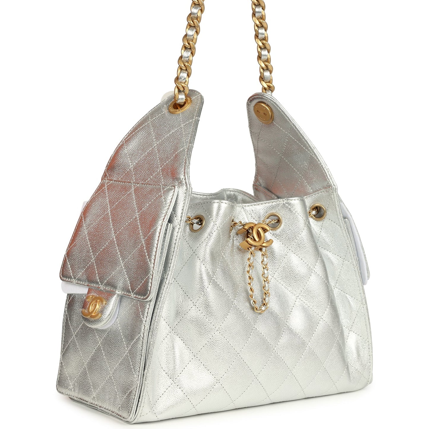 Chanel Small 25 Hobo Bag Metallic Silver Caviar Antique Gold Hardware