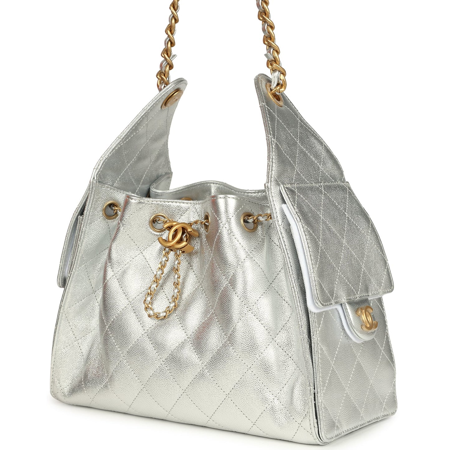 Chanel Small 25 Hobo Bag Metallic Silver Caviar Antique Gold Hardware