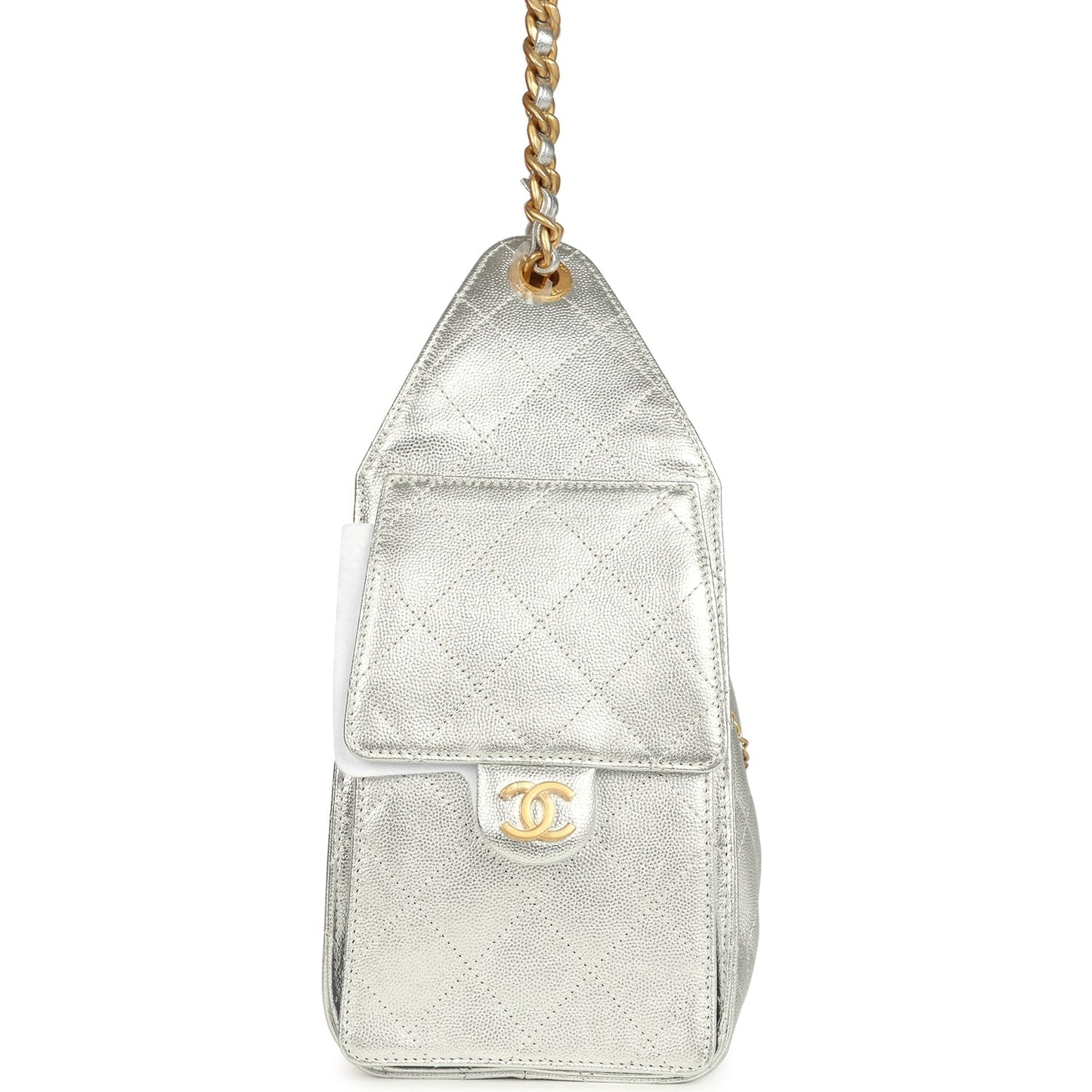 Chanel Small 25 Hobo Bag Metallic Silver Caviar Antique Gold Hardware