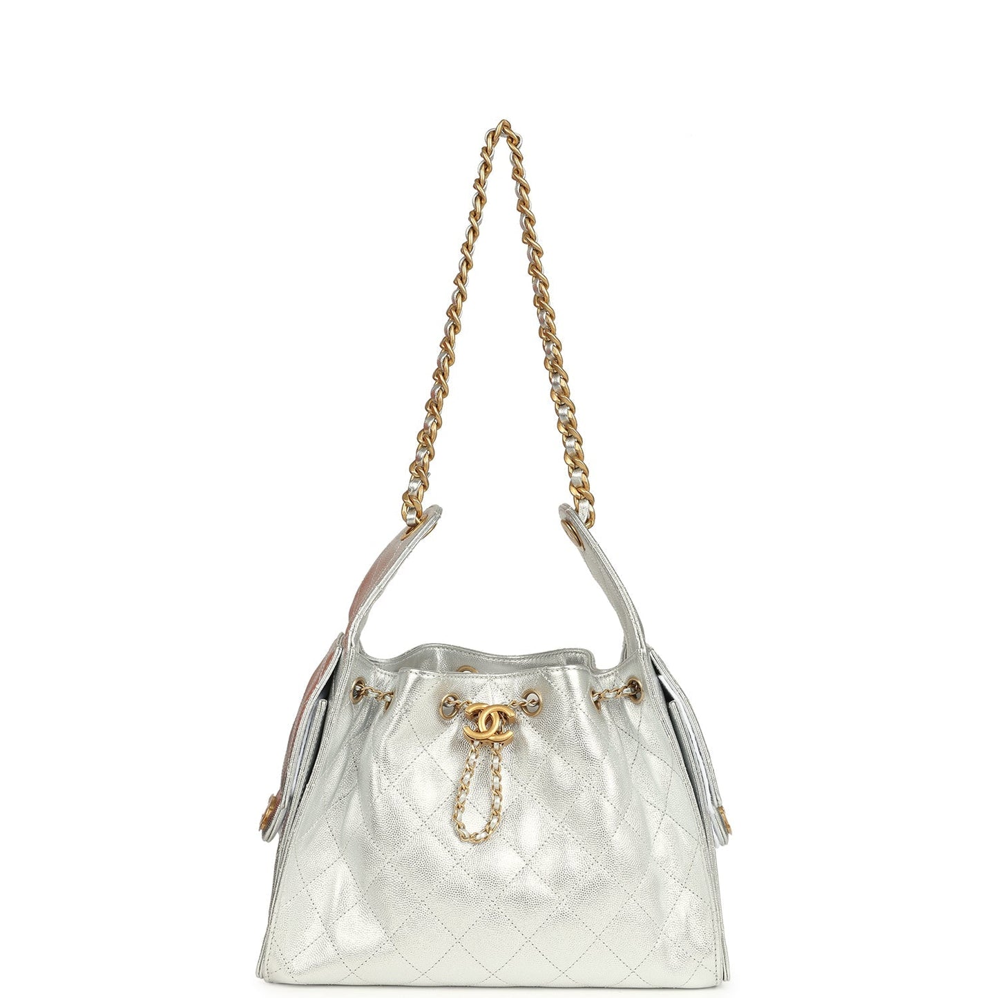 Chanel Small 25 Hobo Bag Metallic Silver Caviar Antique Gold Hardware