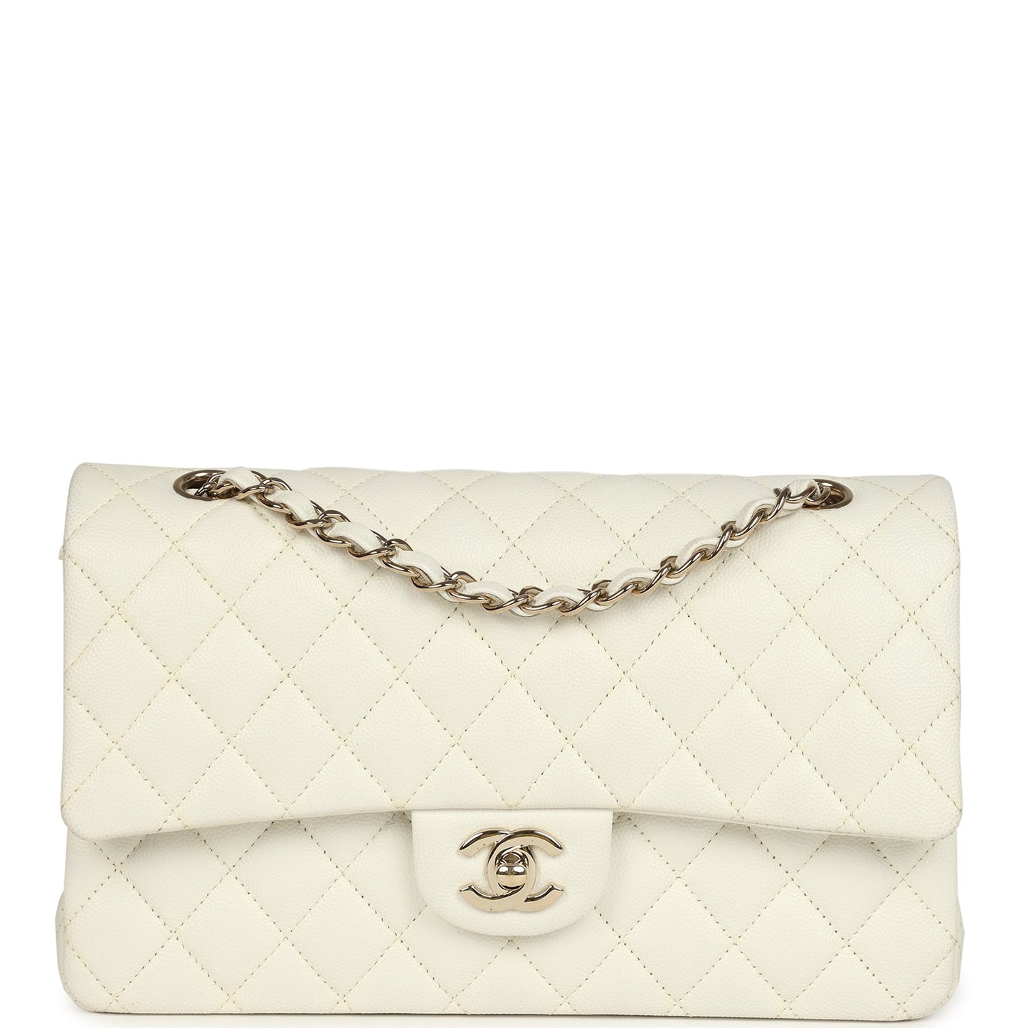 Pre-owned Chanel Medium Classic Double Flap White Caviar Light Gold Hardware