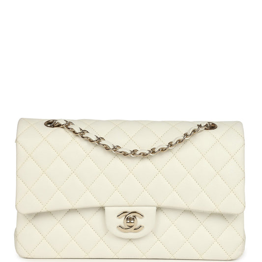 Pre-owned Chanel Medium Classic Double Flap White Caviar Light Gold Hardware