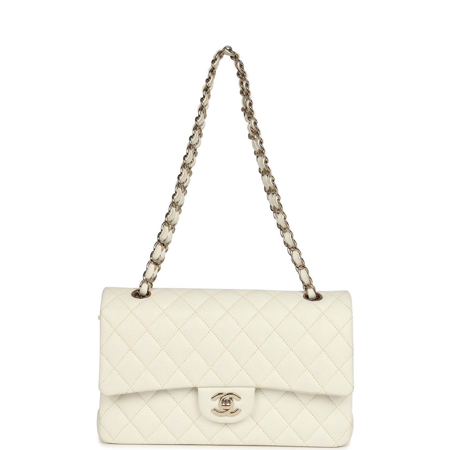 Pre-owned Chanel Medium Classic Double Flap White Caviar Light Gold Hardware