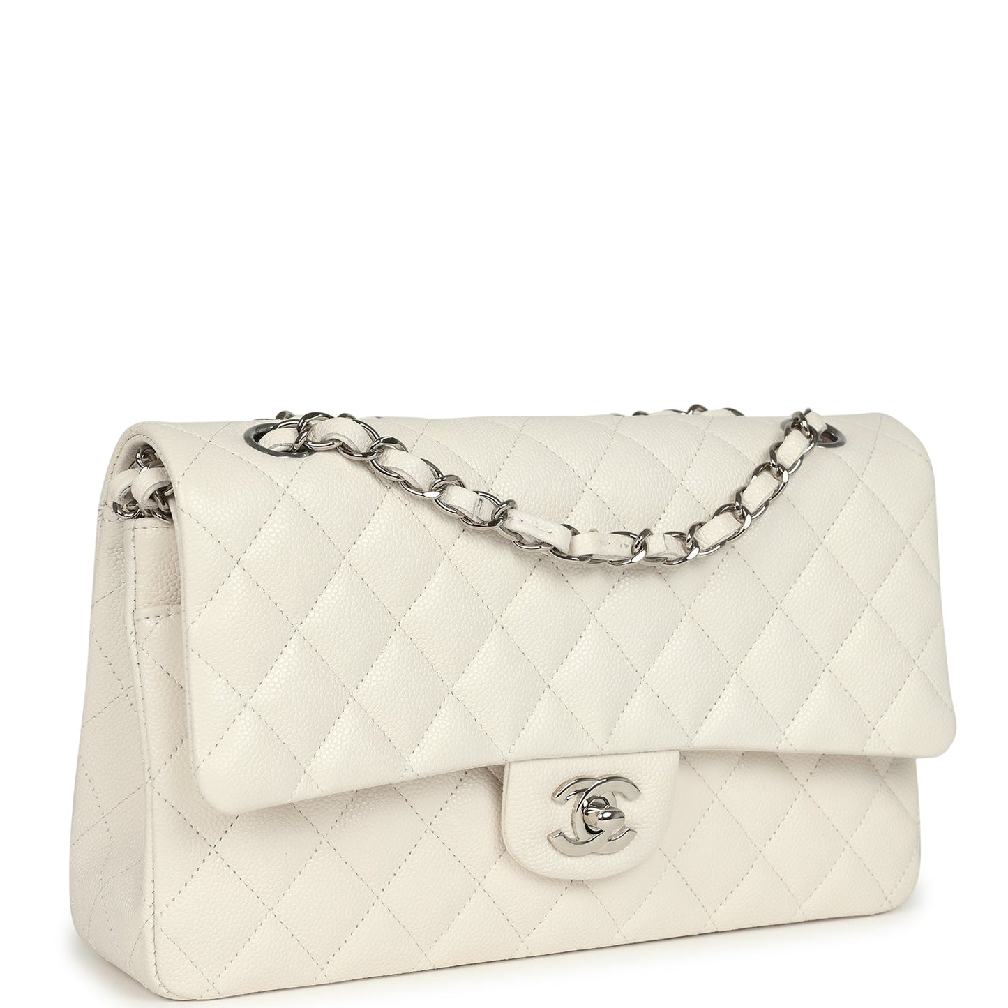 Pre-owned Chanel Medium Classic Double Flap White Shiny Caviar Silver Hardware