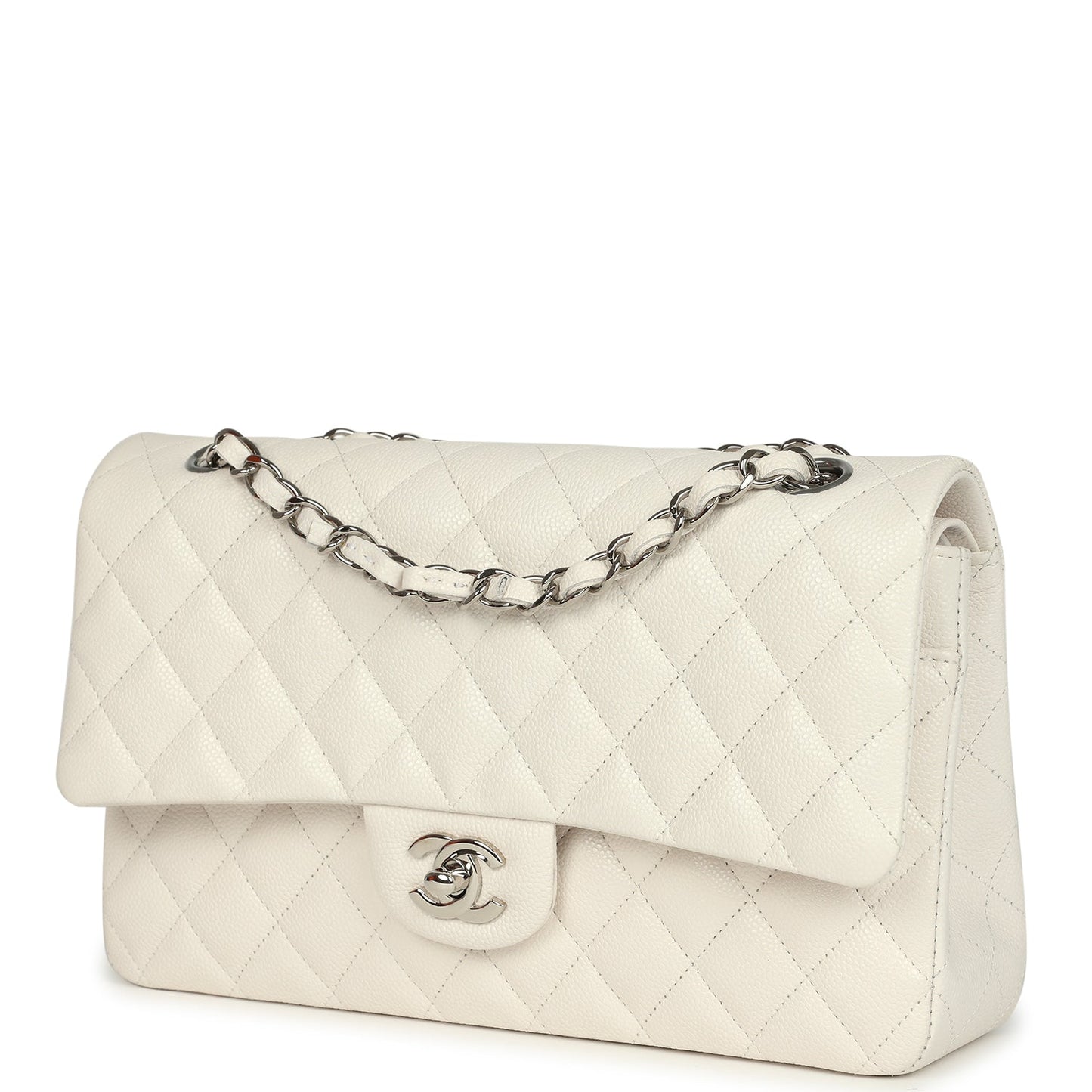 Pre-owned Chanel Medium Classic Double Flap White Shiny Caviar Silver Hardware