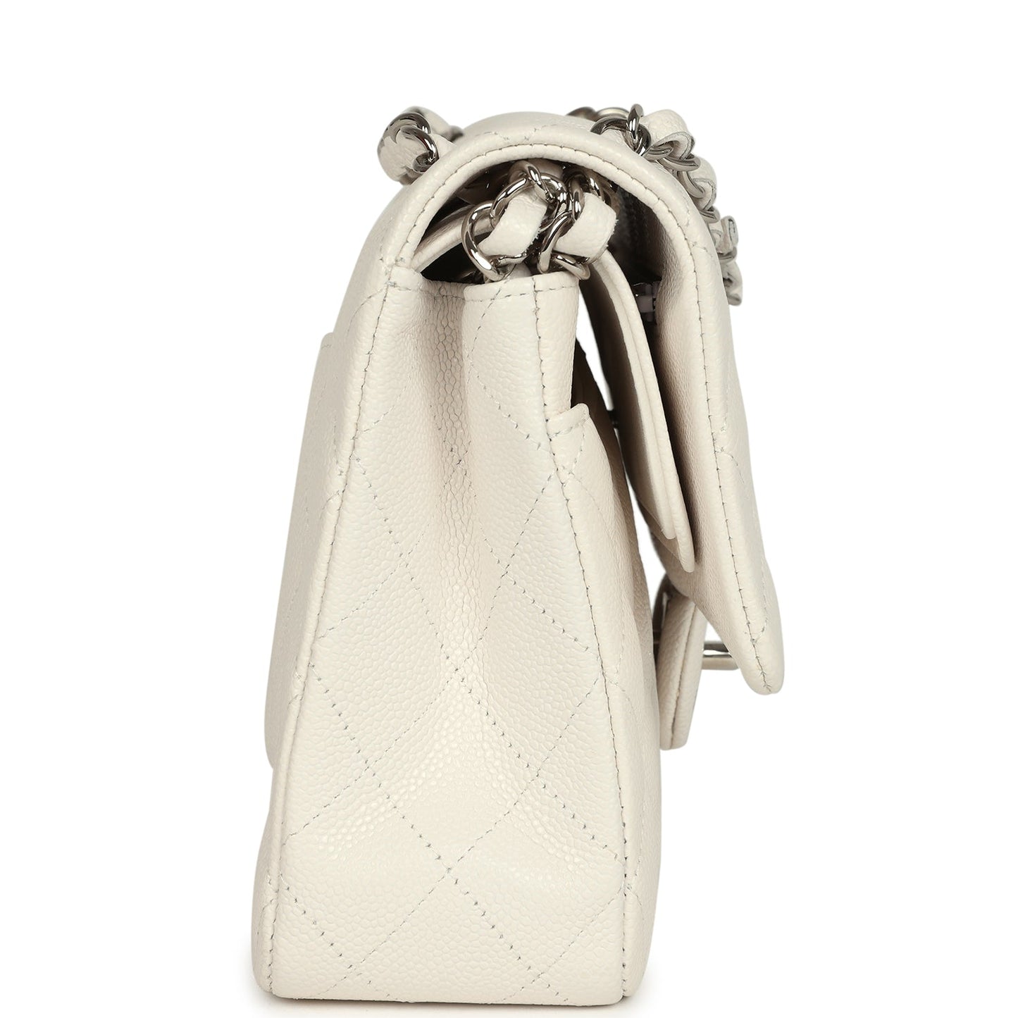 Pre-owned Chanel Medium Classic Double Flap White Shiny Caviar Silver Hardware