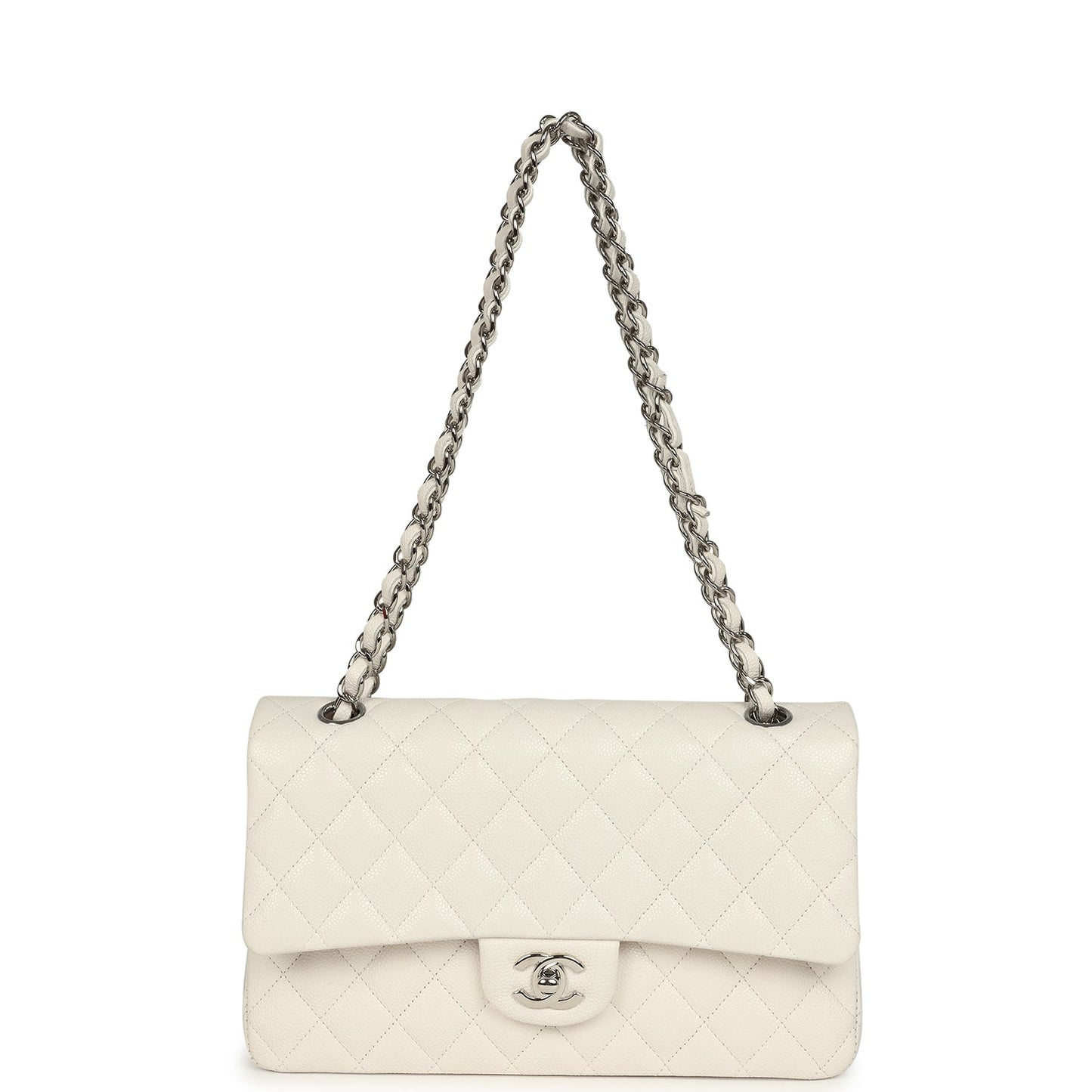 Pre-owned Chanel Medium Classic Double Flap White Shiny Caviar Silver Hardware