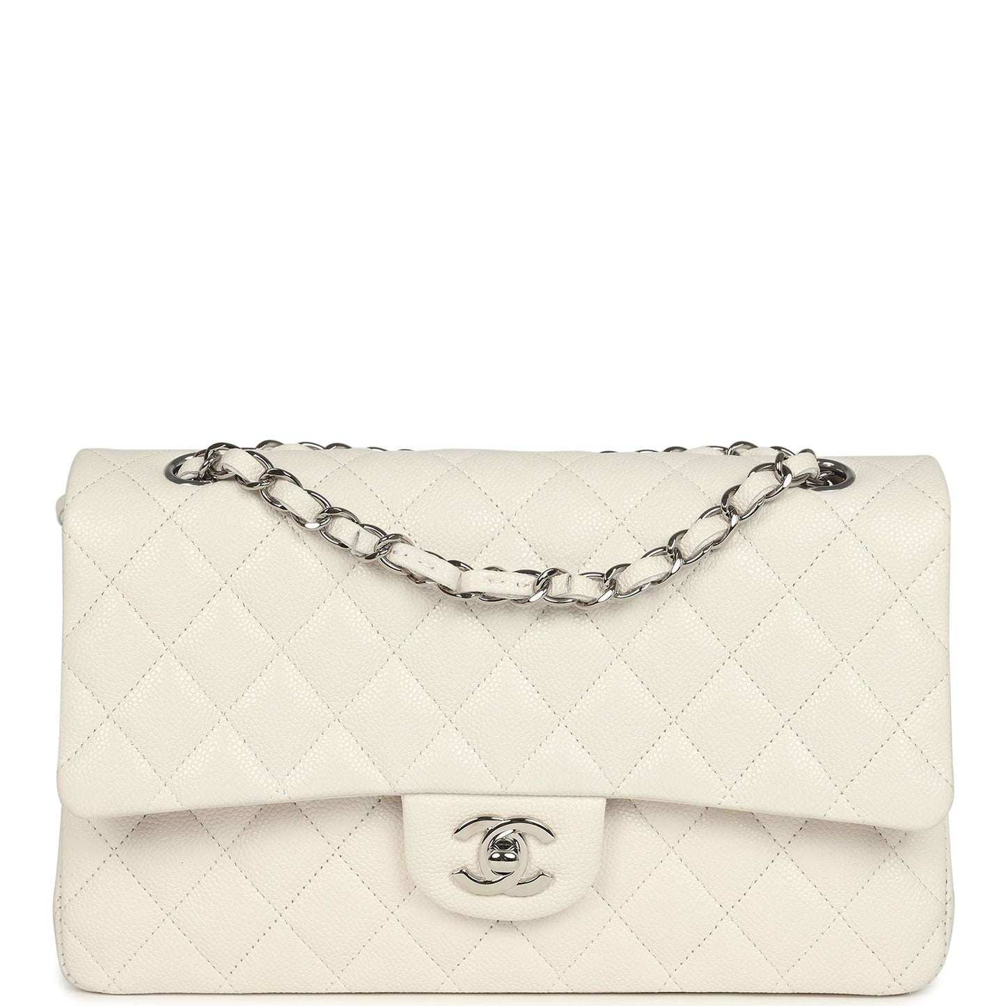 Pre-owned Chanel Medium Classic Double Flap White Shiny Caviar Silver Hardware
