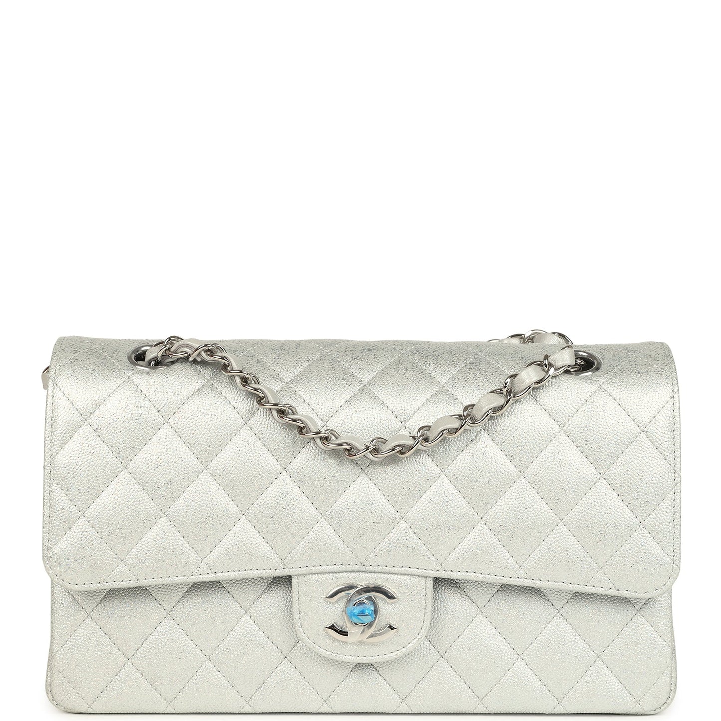 Chanel Medium Classic Double Flap Silver Glitter Caviar Silver Hardware