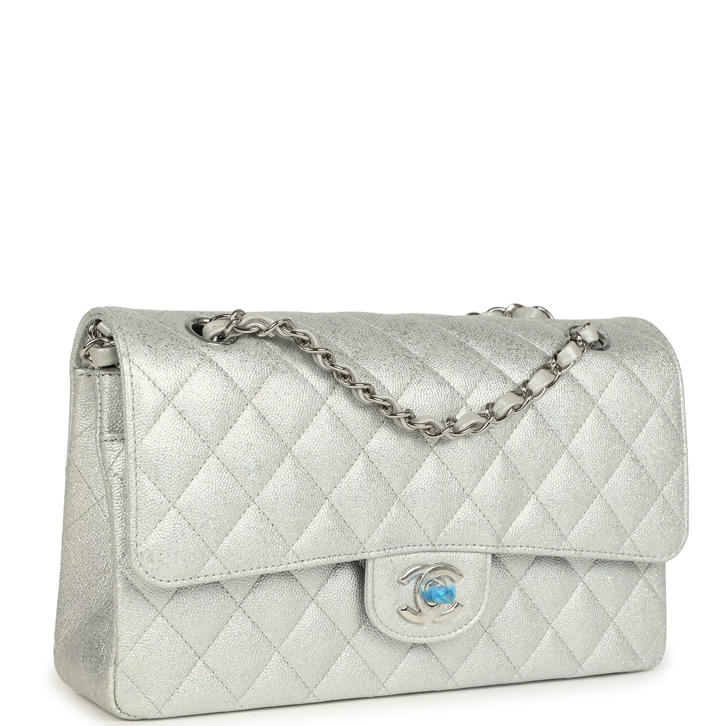 Chanel Medium Classic Double Flap Silver Glitter Caviar Silver Hardware