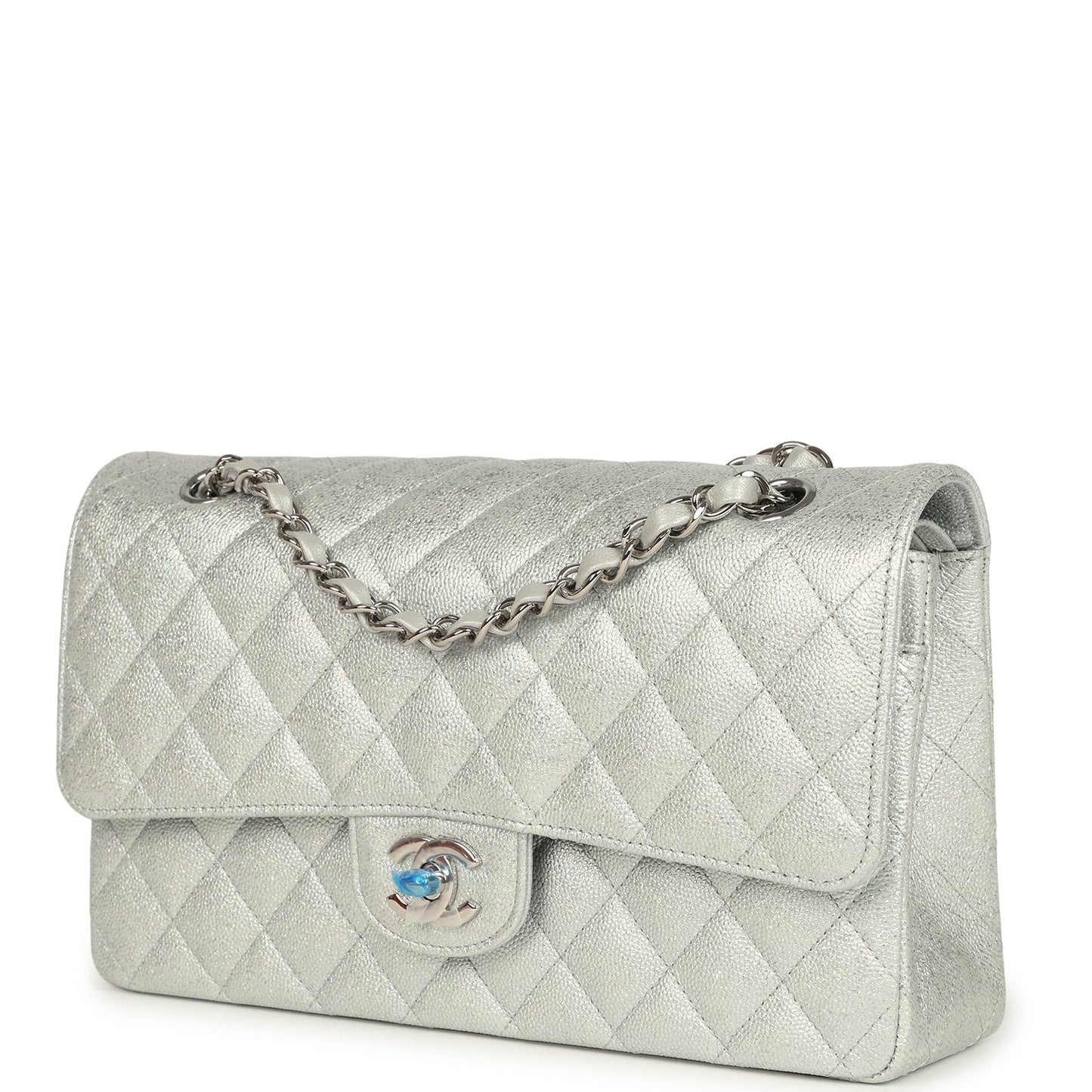 Chanel Medium Classic Double Flap Silver Glitter Caviar Silver Hardware