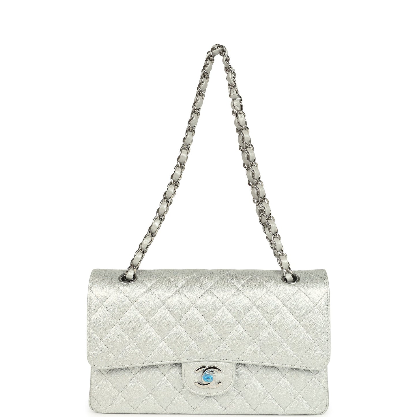 Chanel Medium Classic Double Flap Silver Glitter Caviar Silver Hardware