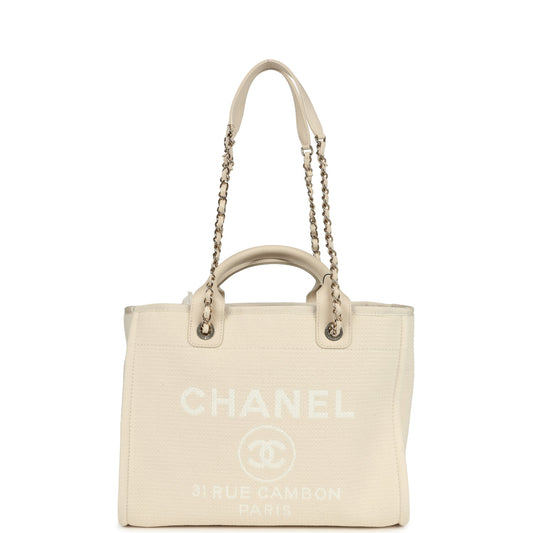 Chanel Small Deauville Shopping Tote Ivory Canvas Light Gold Hardware