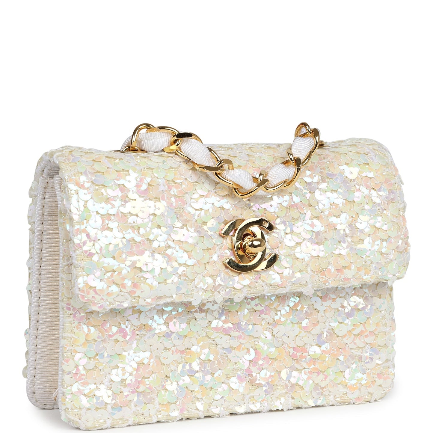 Vintage Chanel Micro Half Flap Iridescent Ivory Sequin Gold Hardware
