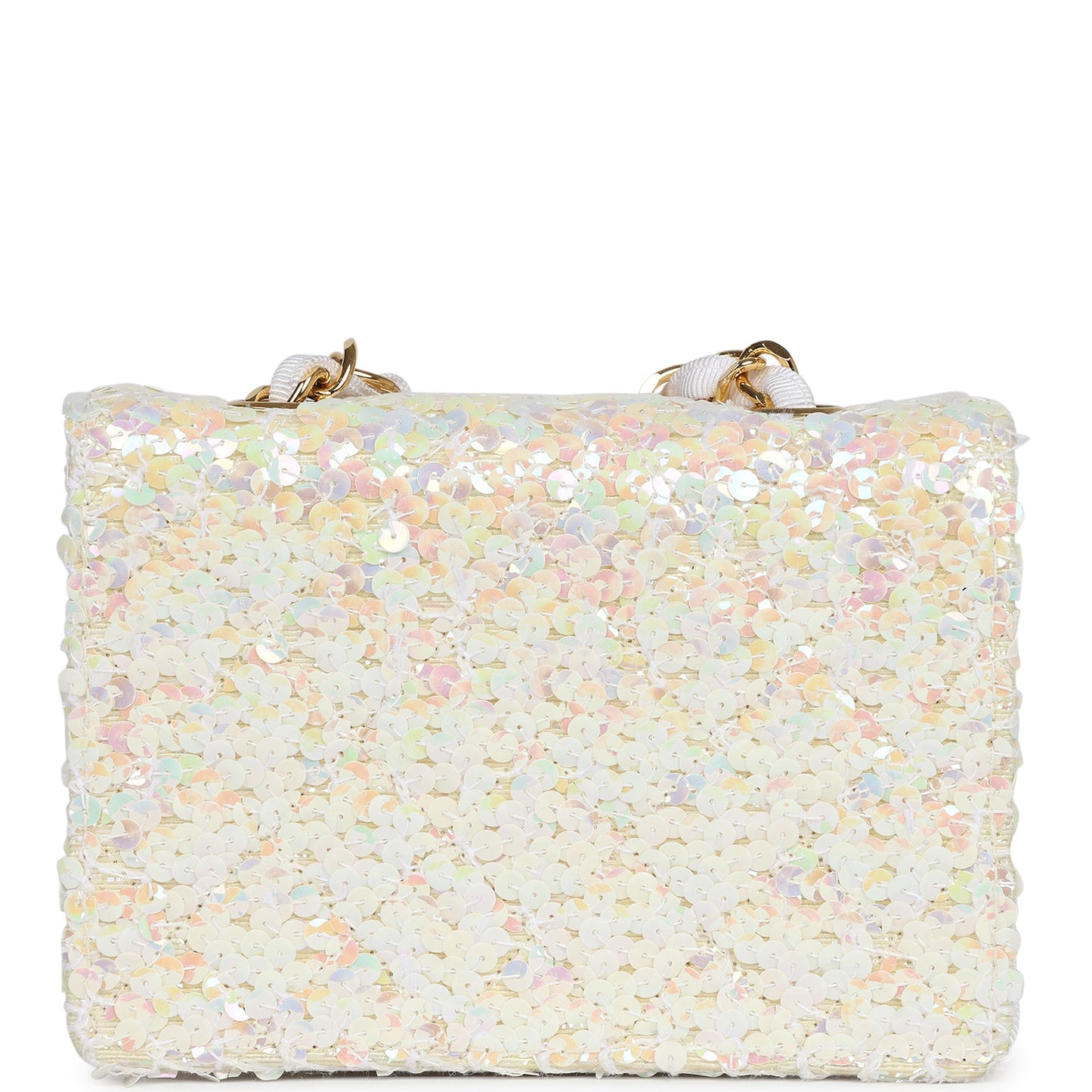 Vintage Chanel Micro Half Flap Iridescent Ivory Sequin Gold Hardware