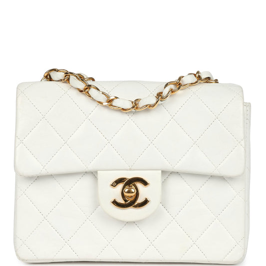 Vintage Chanel Mini Square Flap Bag White Lambskin Gold Hardware
