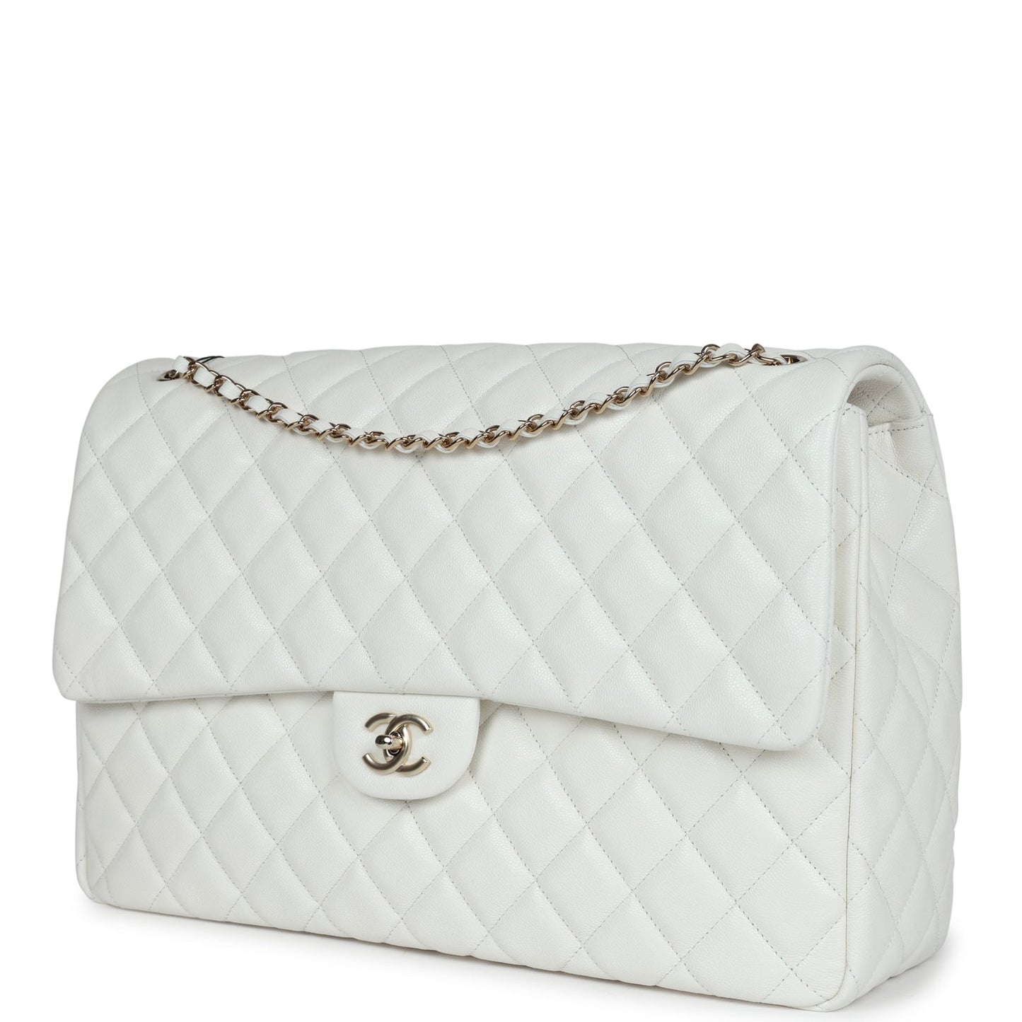 Chanel XXL Classic Single Flap Bag White Shiny Caviar Light Gold Hardware