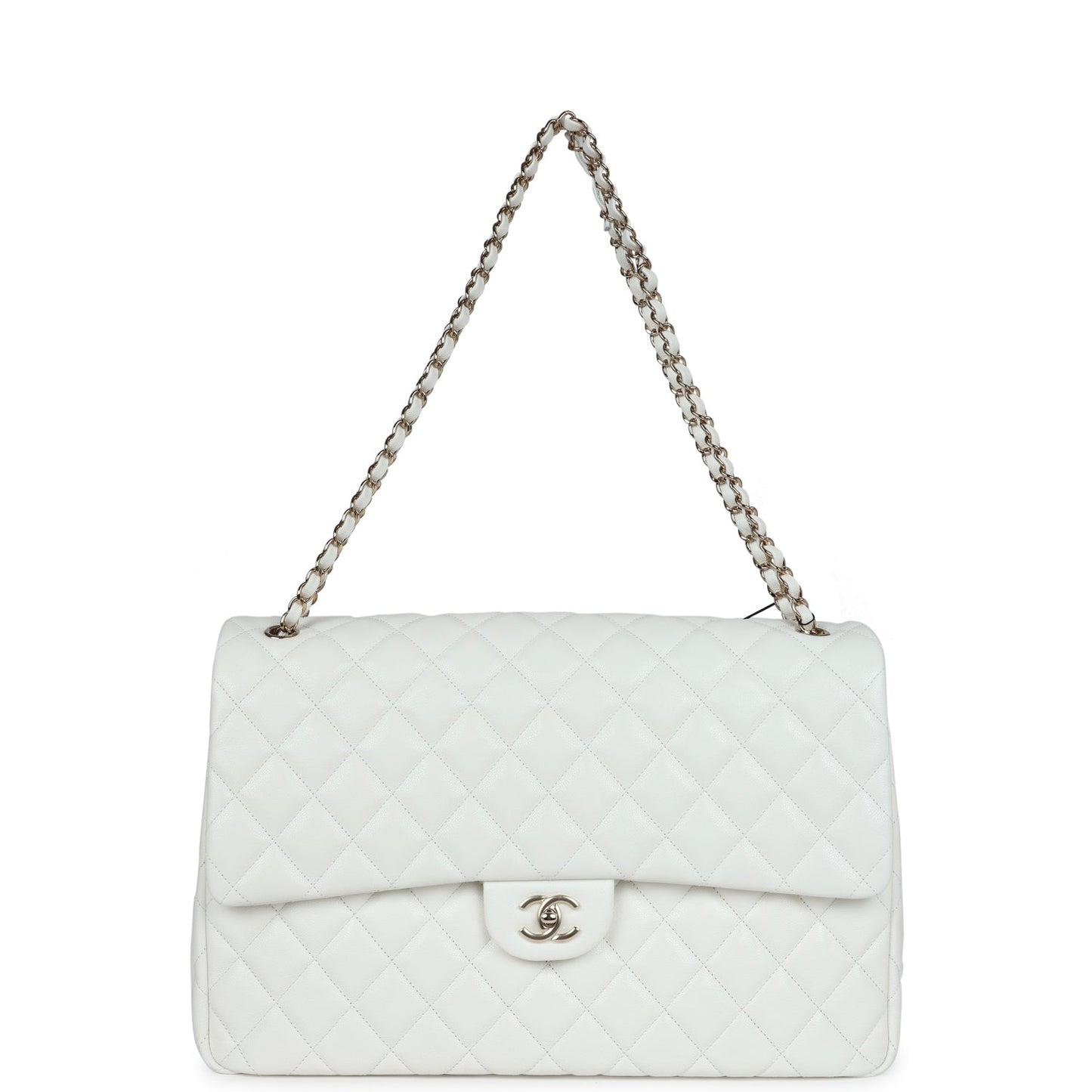 Chanel XXL Classic Single Flap Bag White Shiny Caviar Light Gold Hardware