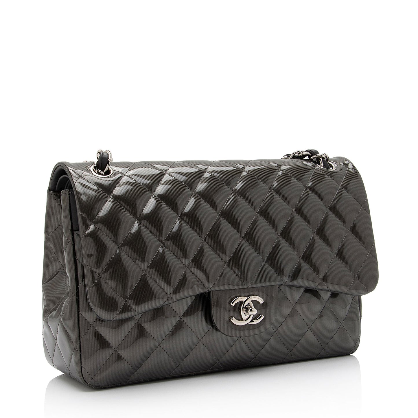 Chanel Patent Leather Stripe Classic Jumbo Double Flap Bag (SHF-xHciHb)