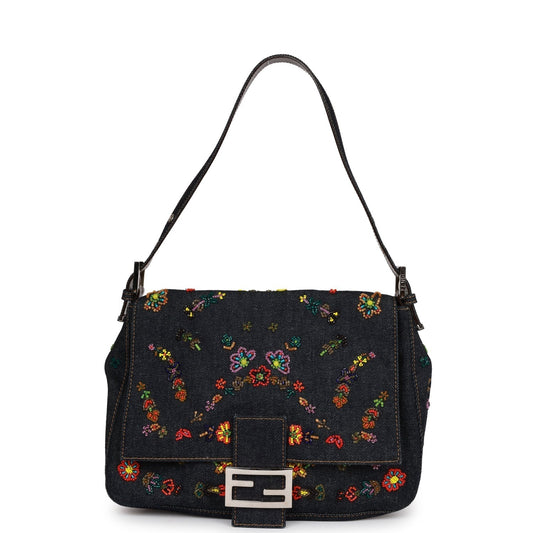 Vintage Fendi Mamma Baguette Bag Ricami Denim Floral Beaded Silver Hardware