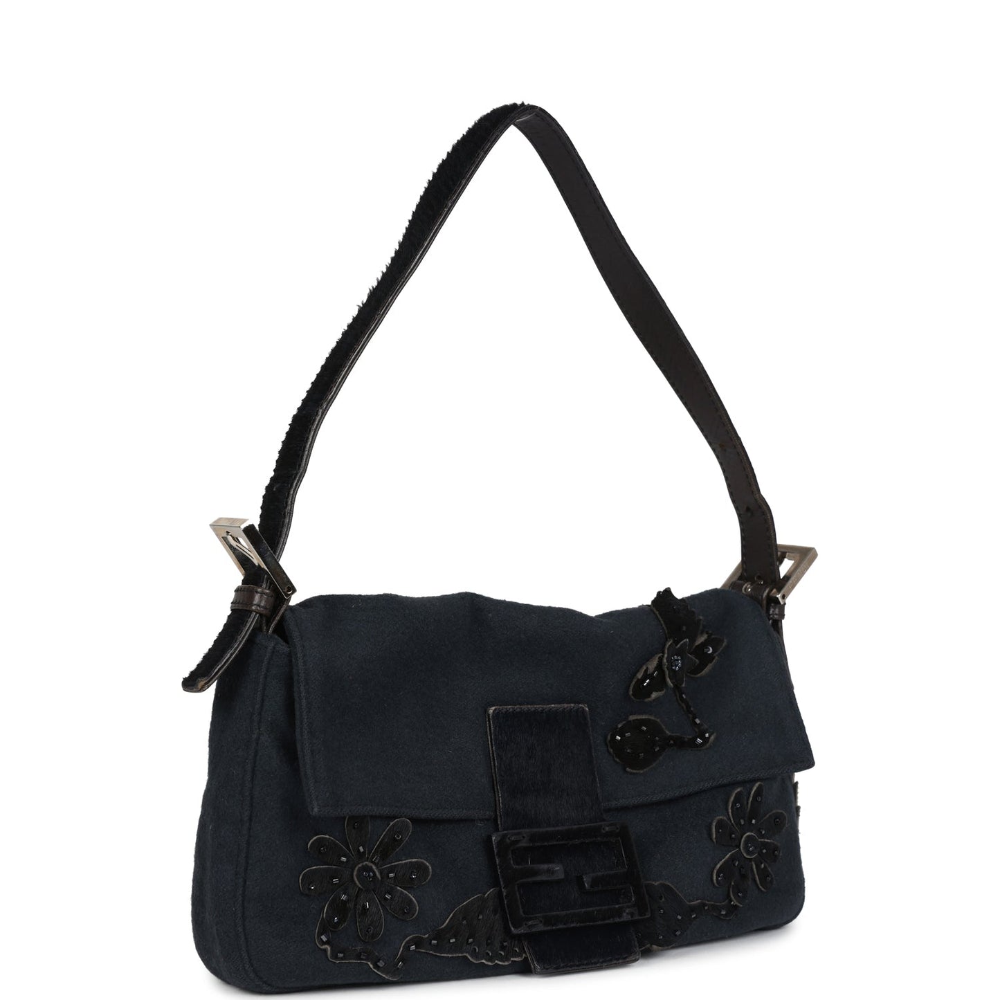 Vintage Fendi Baguette Bag Floral Applique Grey and Black Wool and Ponyhair Silver Hardware