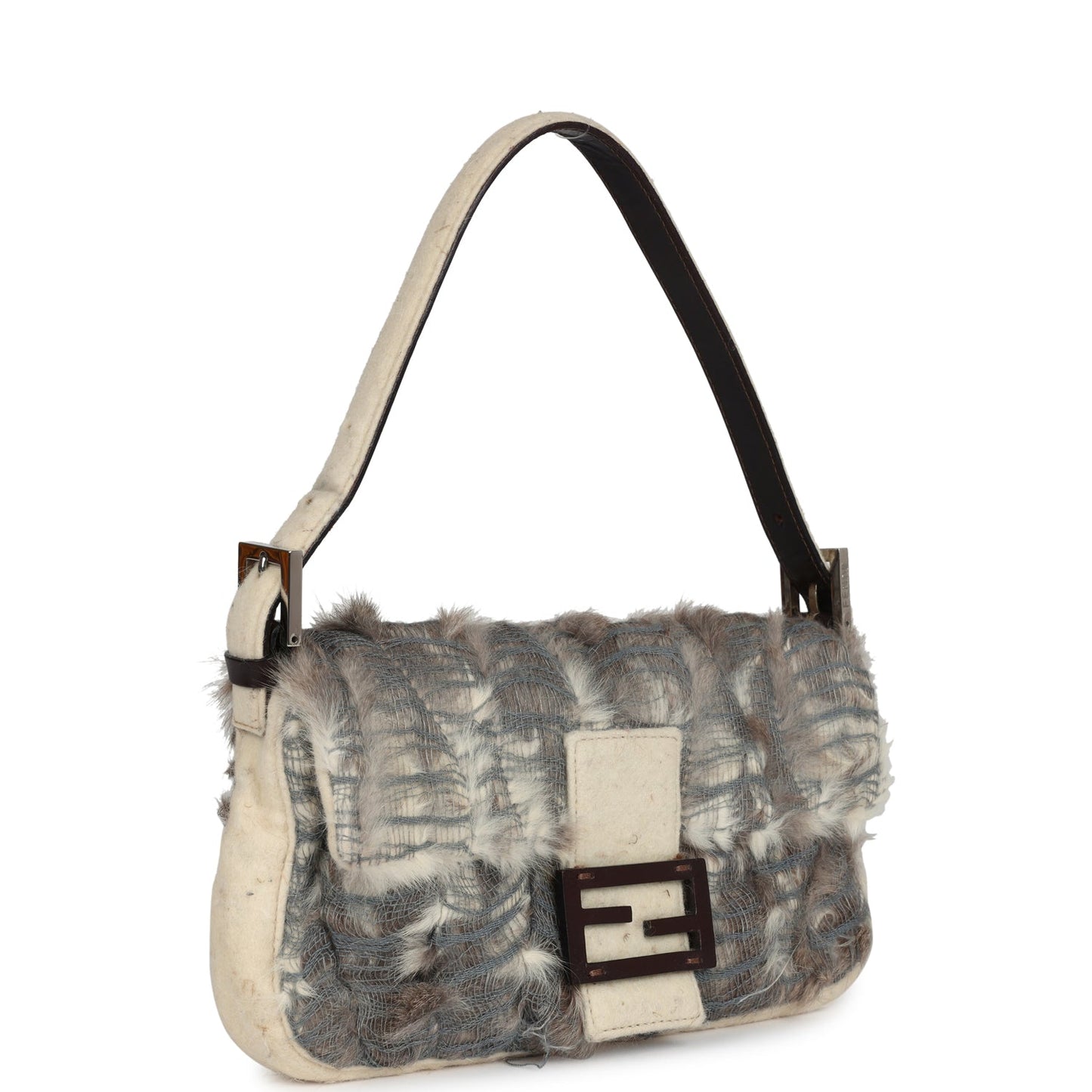 Vintage Fendi Baguette Bag Ivory Felt and Grey Rabbit Fur Silver Hardware