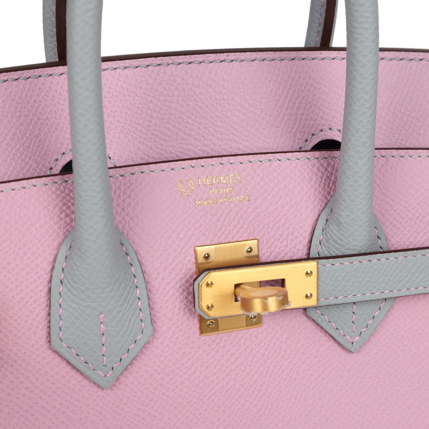 Hermes Special Order (HSS) Birkin Sellier 25 Mauve Sylvestre and Bleu Glacier Epsom Brushed Gold Hardware