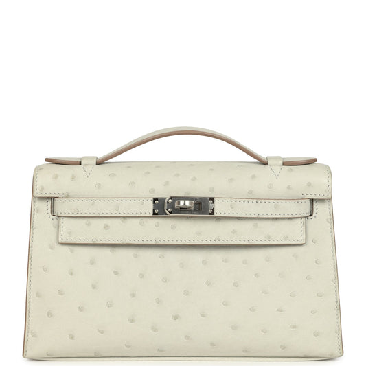 Hermes Kelly Pochette Gris Perle Ostrich Palladium Hardware