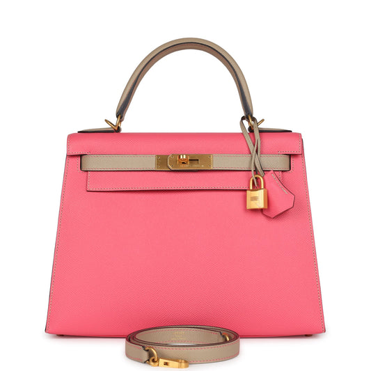 Pre-owned Hermes Special Order (HSS) Kelly Sellier 28 Rose Azalee and Trench Epsom Epsom Brushed Gold Hardware