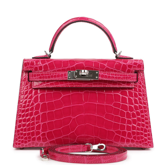 Pre-owned Hermes Kelly Sellier 20 Rose Mexico Shiny Alligator Palladium Hardware