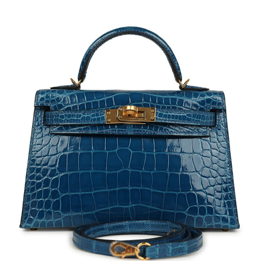 Hermes Kelly Sellier 20 Bleu Mykonos Shiny Alligator Gold Hardware