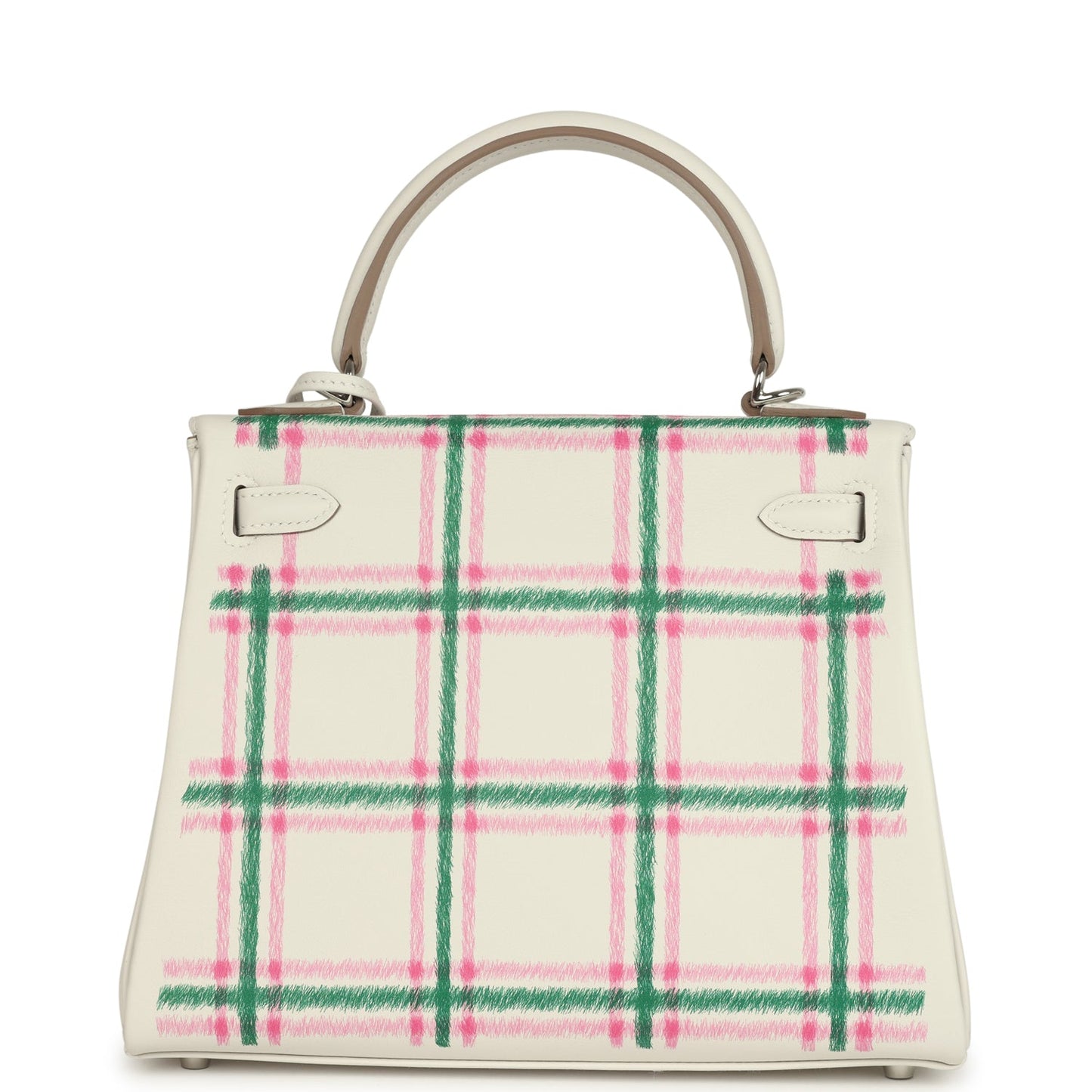 Hermes Kelly Retourne 25 "Tartan Light" Gris Pale, Vert Moyen and Bubblegum Swift Palladium Hardware