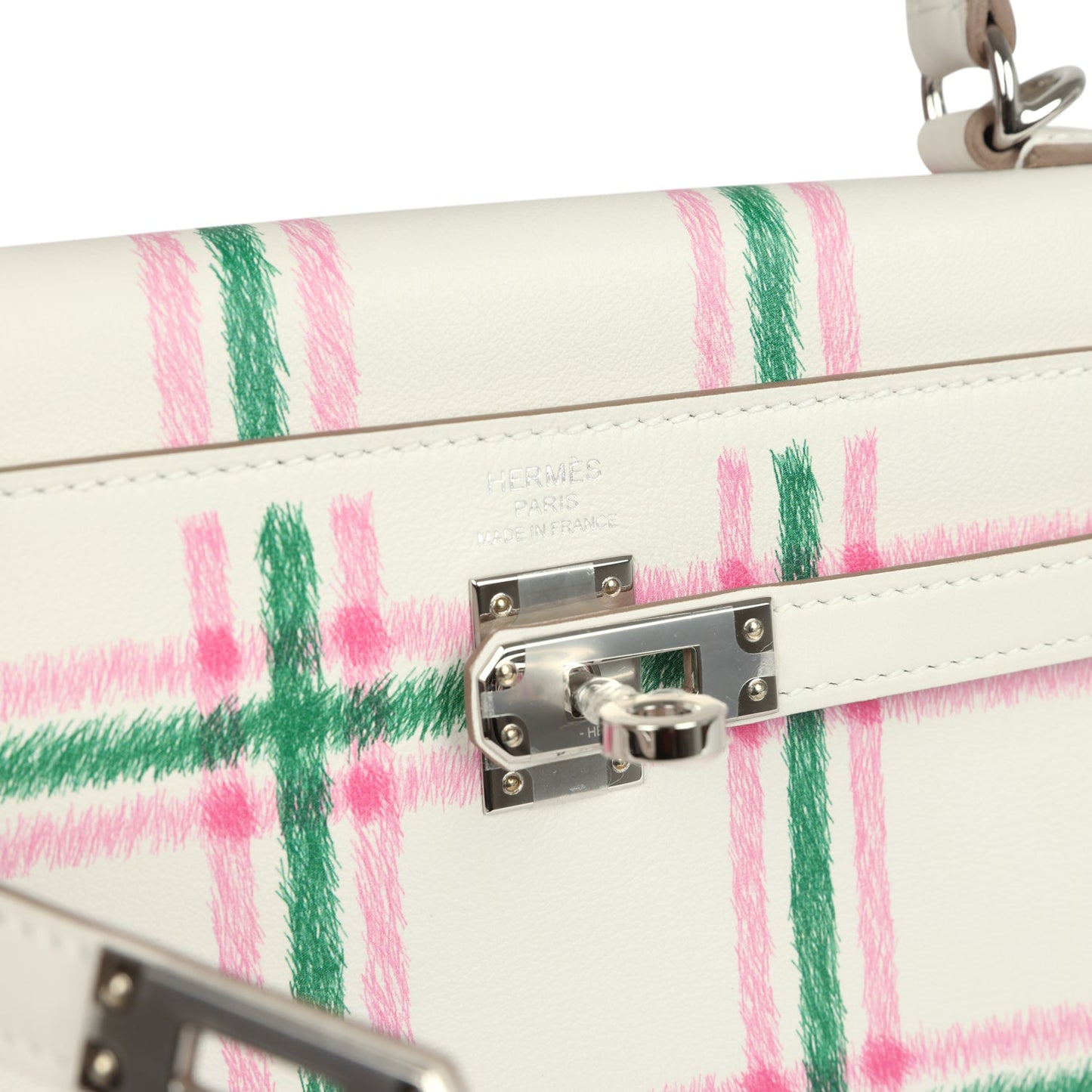 Hermes Kelly Retourne 25 "Tartan Light" Gris Pale, Vert Moyen and Bubblegum Swift Palladium Hardware