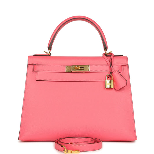 Pre-owned Hermes Kelly Sellier 28 Rose Lipstick Epsom Gold Hardware