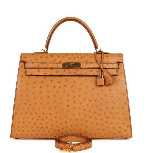 Pre-owned Hermes Kelly Sellier 35 Cognac Ostrich Gold Hardware