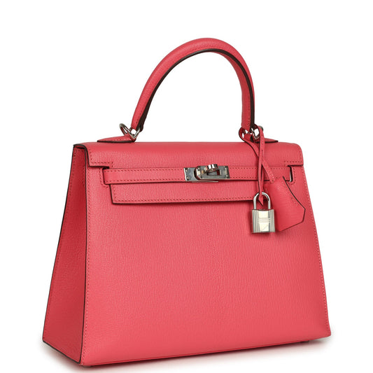 Pre-owned Hermes Kelly Sellier 25 Rose Lipstick Chevre Mysore Palladium Hardware
