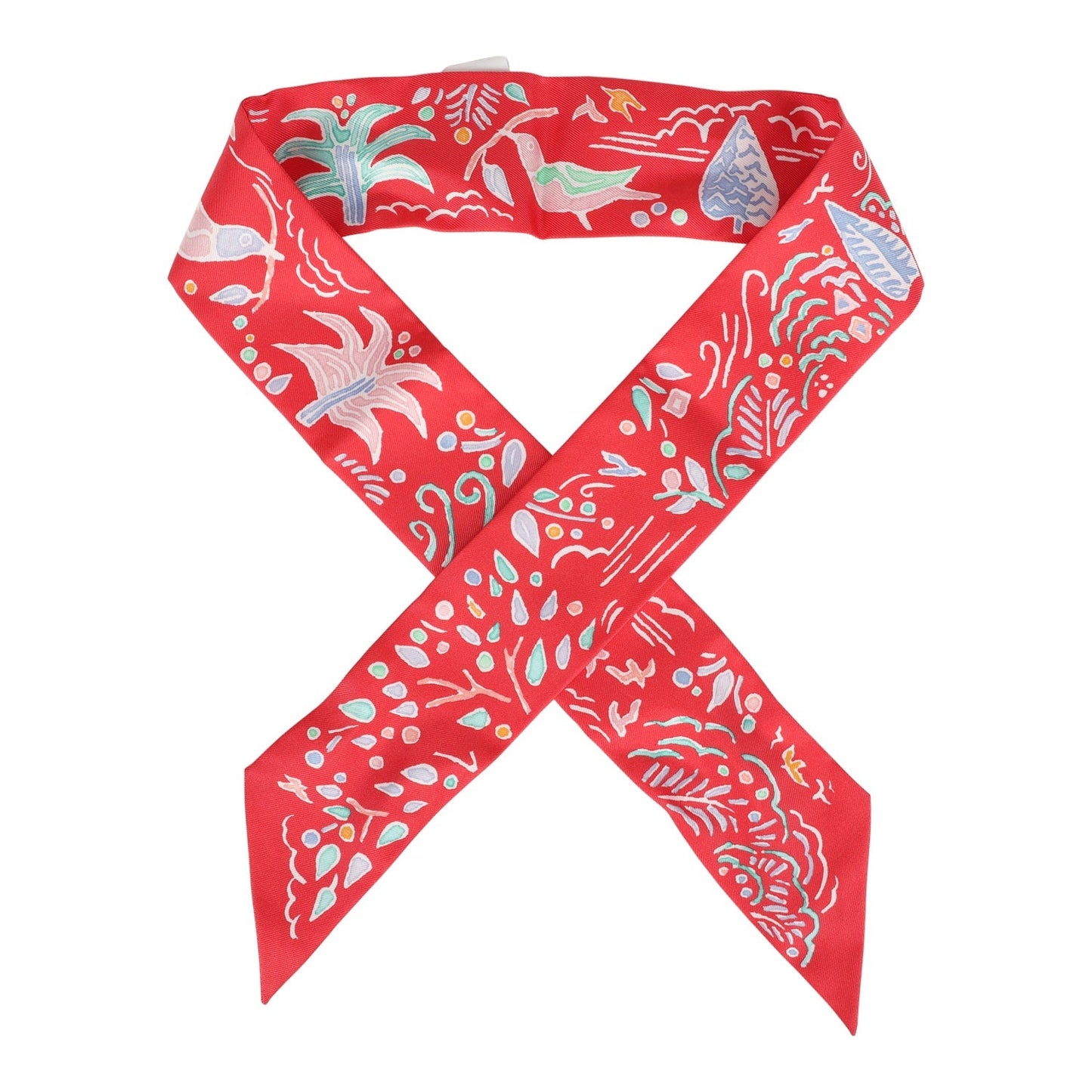 Hermes "Isola Di Primavera" Vert, Bleu and Grenadine Multi Silk Twilly Pair