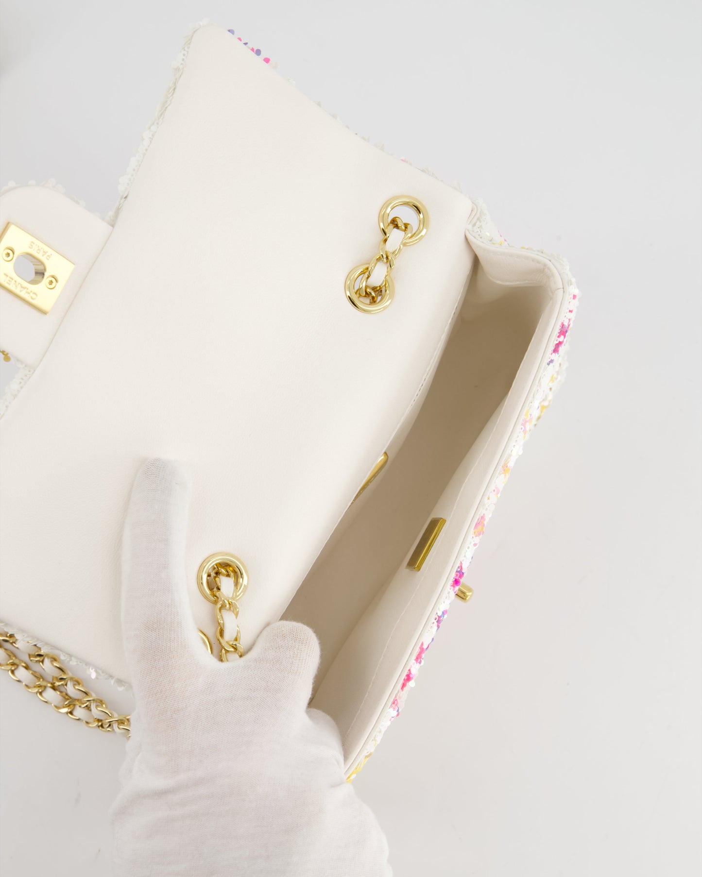 & CURRENT SEASON* Chanel Cruise 2024 White, Yellow, Pink and Blue Sequin Small Flap Bag with Gold Hardware