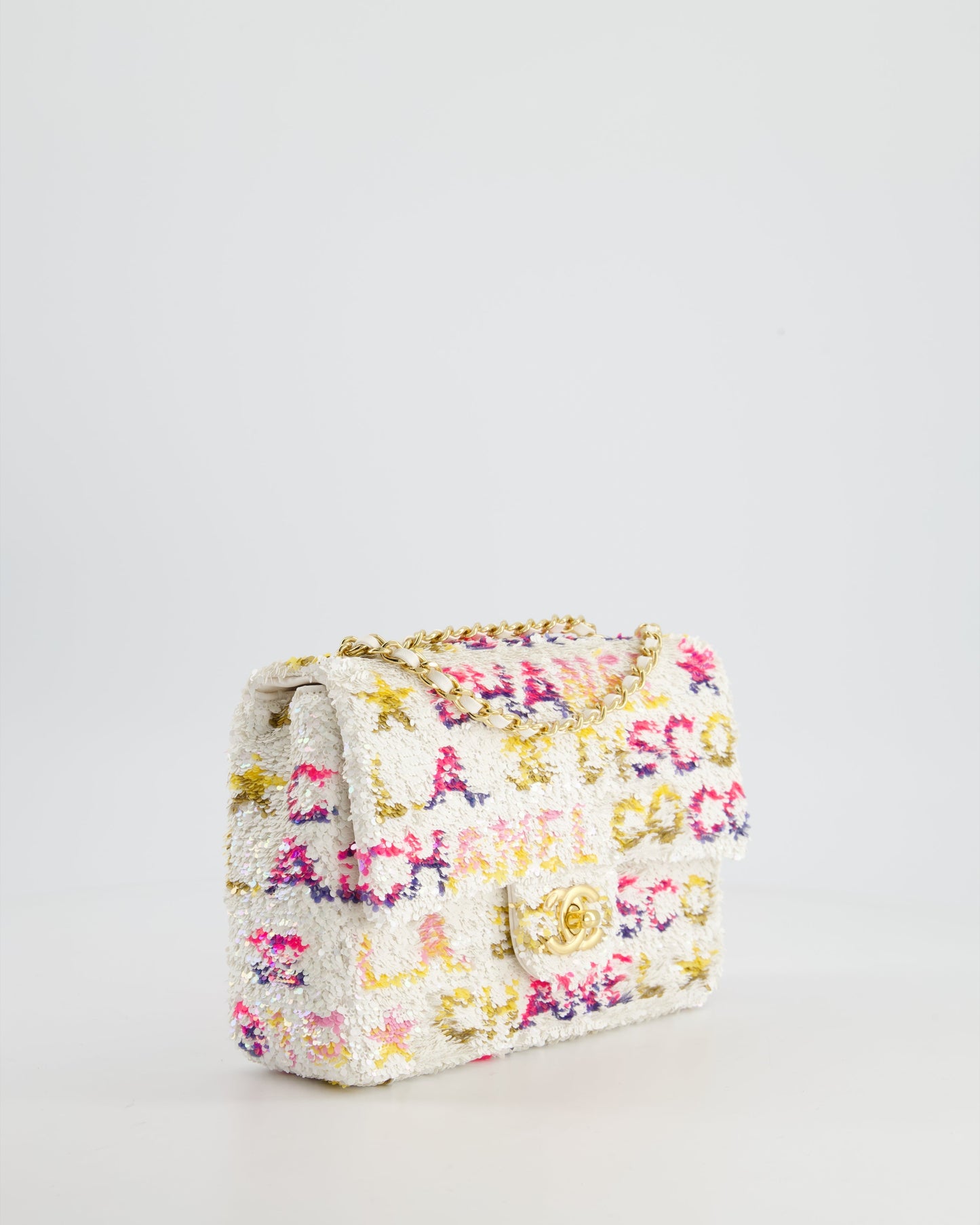 & CURRENT SEASON* Chanel Cruise 2024 White, Yellow, Pink and Blue Sequin Small Flap Bag with Gold Hardware