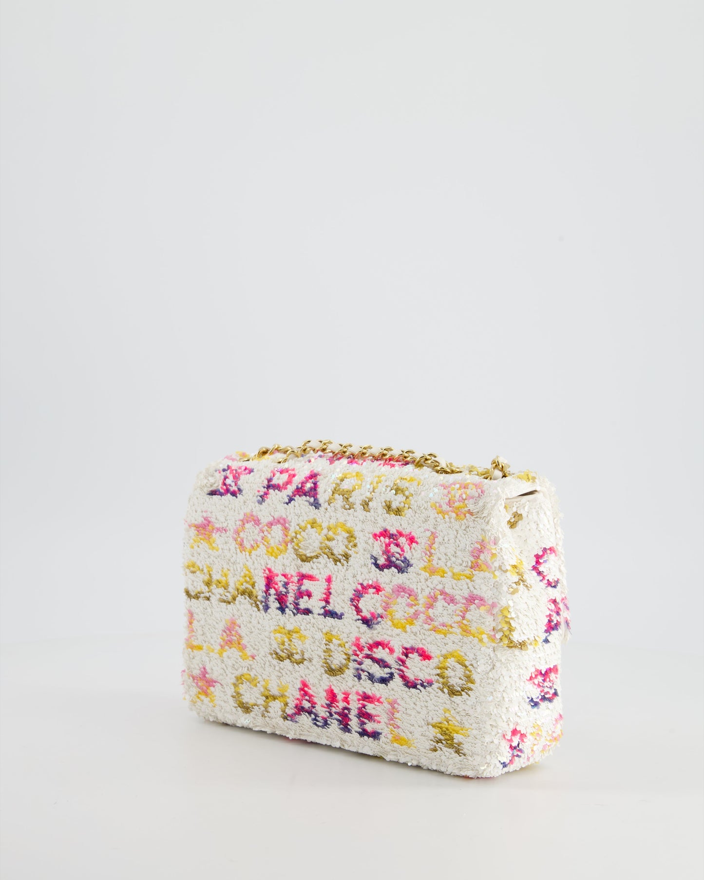 & CURRENT SEASON* Chanel Cruise 2024 White, Yellow, Pink and Blue Sequin Small Flap Bag with Gold Hardware