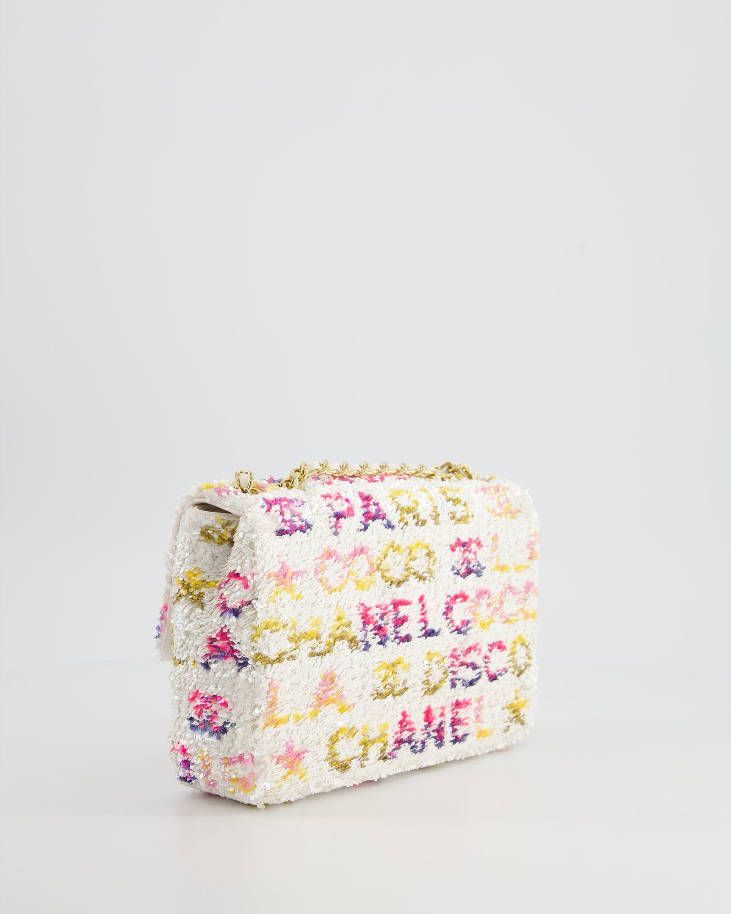 & CURRENT SEASON* Chanel Cruise 2024 White, Yellow, Pink and Blue Sequin Small Flap Bag with Gold Hardware