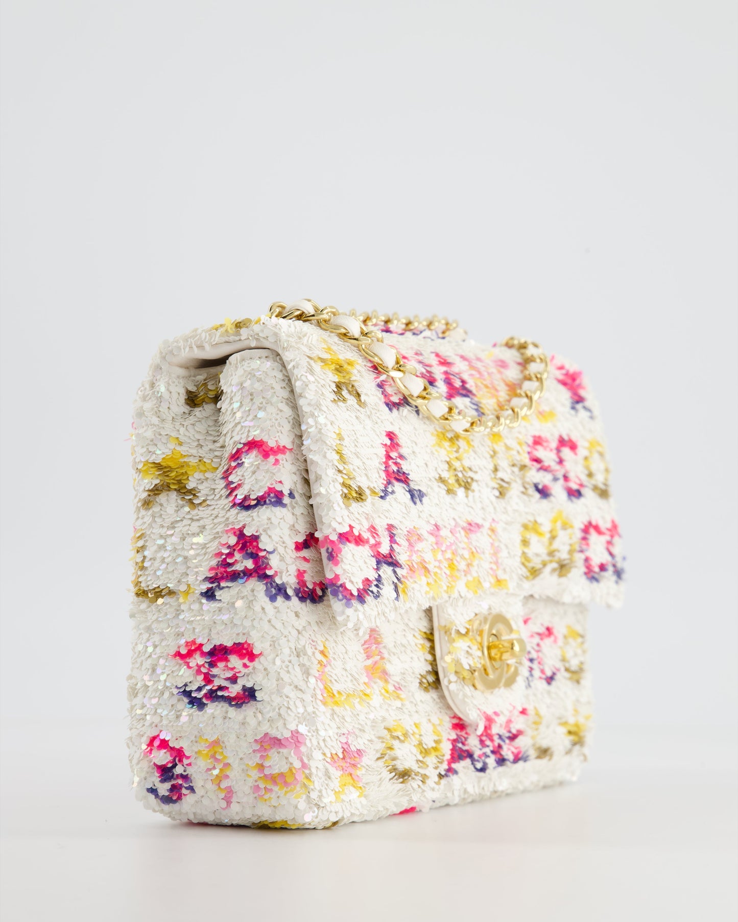 & CURRENT SEASON* Chanel Cruise 2024 White, Yellow, Pink and Blue Sequin Small Flap Bag with Gold Hardware
