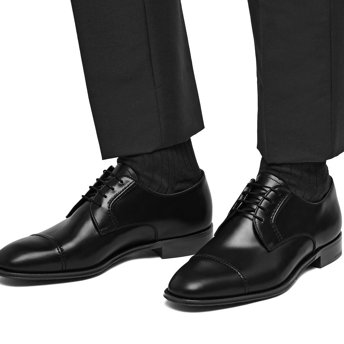 Prada 2EB184-ZJY Men's Shoes Black Polished Calf-Skin Leather Derby Oxfords (PRM1027)