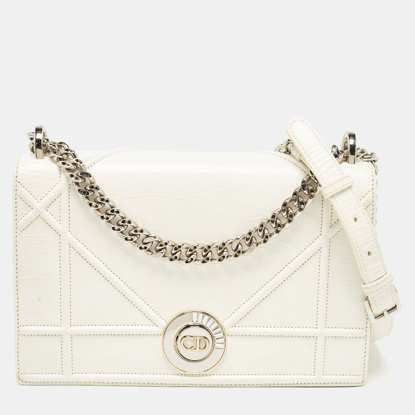 Dior White Crinkled Patent Leather Medium Diorama Shoulder Bag