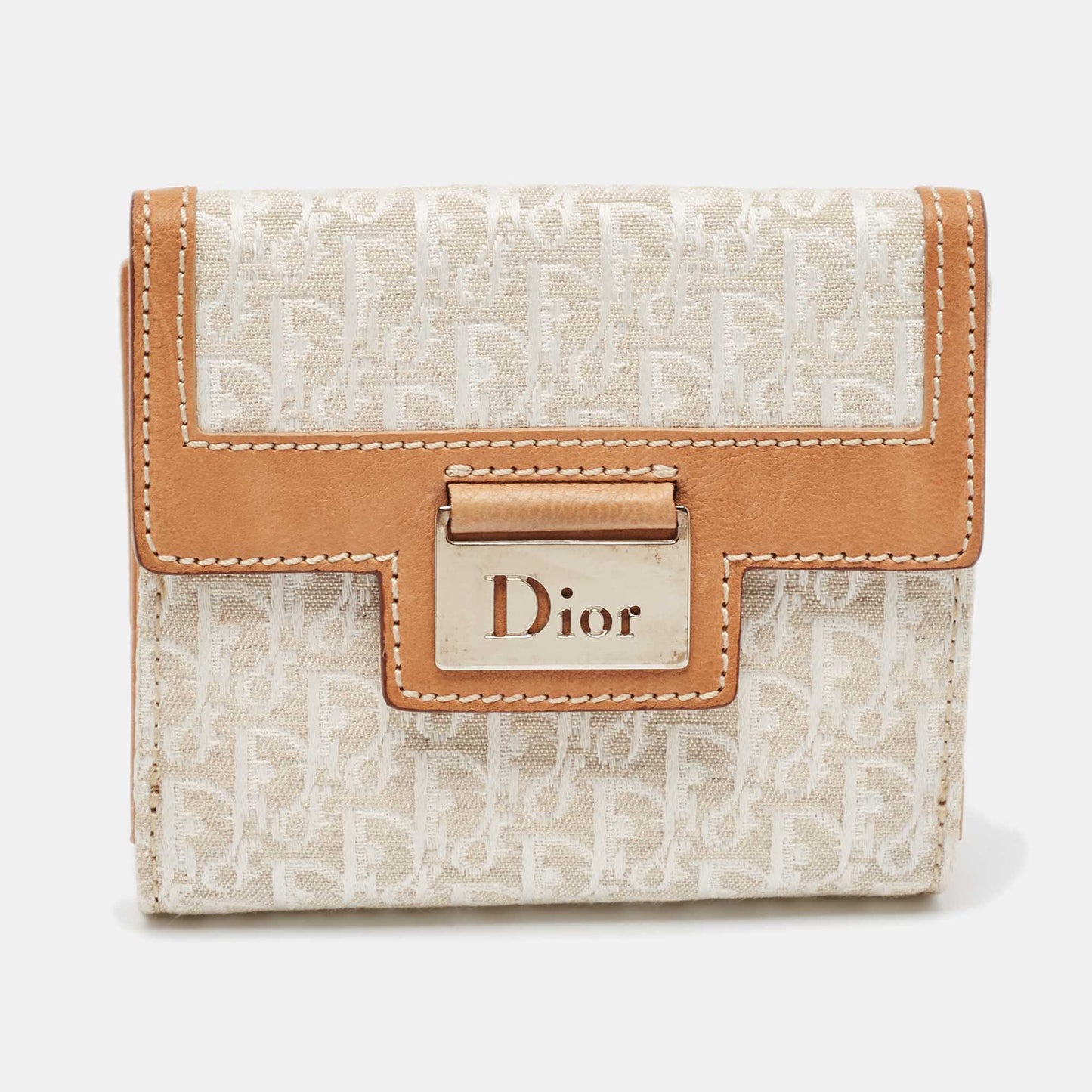 Dior White/brown Oblique Canvas And Leather Street Chic Compact Wallet