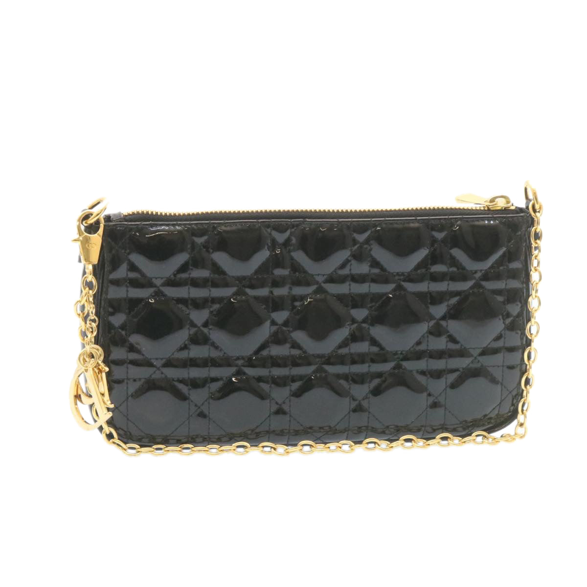 CHRISTIAN DIOR Chain Lady Dior Accessory Pouch Enamel Black Auth am427b